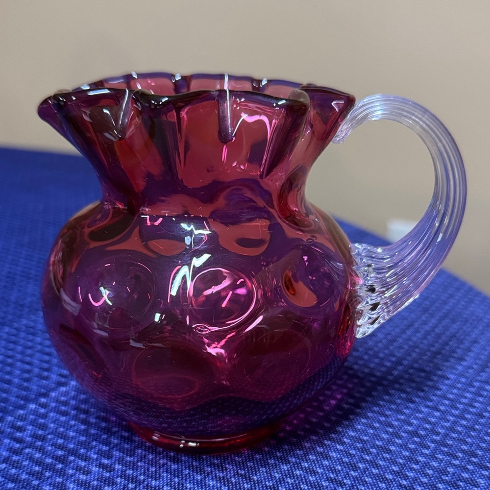 Fenton Glass Cranberry Coin Dot Crimped Pitcher Creamer 4.5" Clear Rib Handle